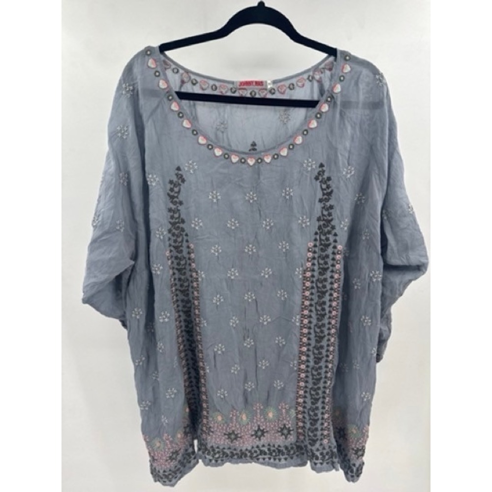 Johnny Was Blue Gray Embroidered Short Sleeve Blouse 2X Boho Cottage Flowy